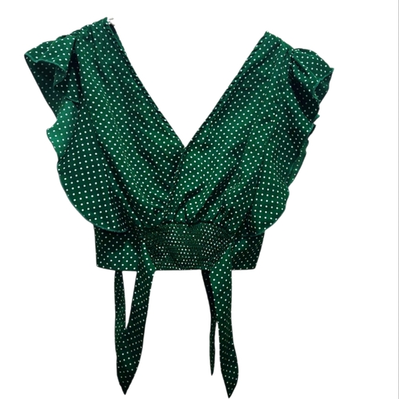 Umgee Cropped Green Polka Dot Top Tie Sides Size S **FLAW - Picture 7 of 7